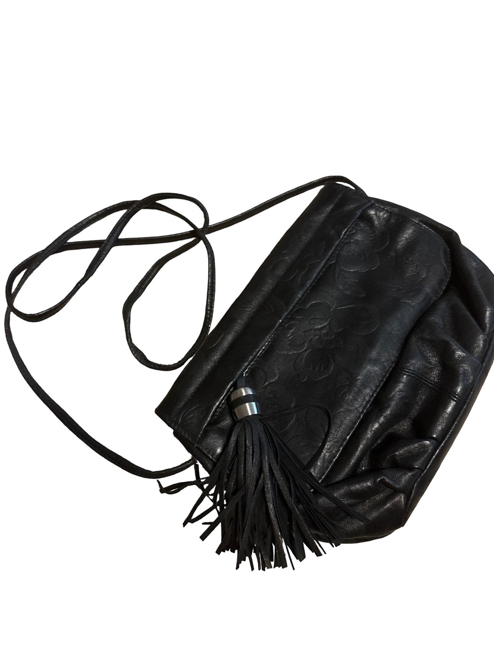 Black Genuine Leather Floral-Embossed Crossbody with Tassel